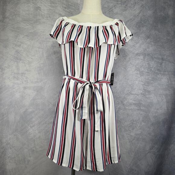 Express Pants - Express Romper Women Large White Stripe Off Shoulder Ruffle Belted Casual Jumper